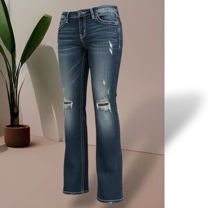 Silver Berkley Surplus Bootcut Jeans distressed embroidered pockets Size L31/33